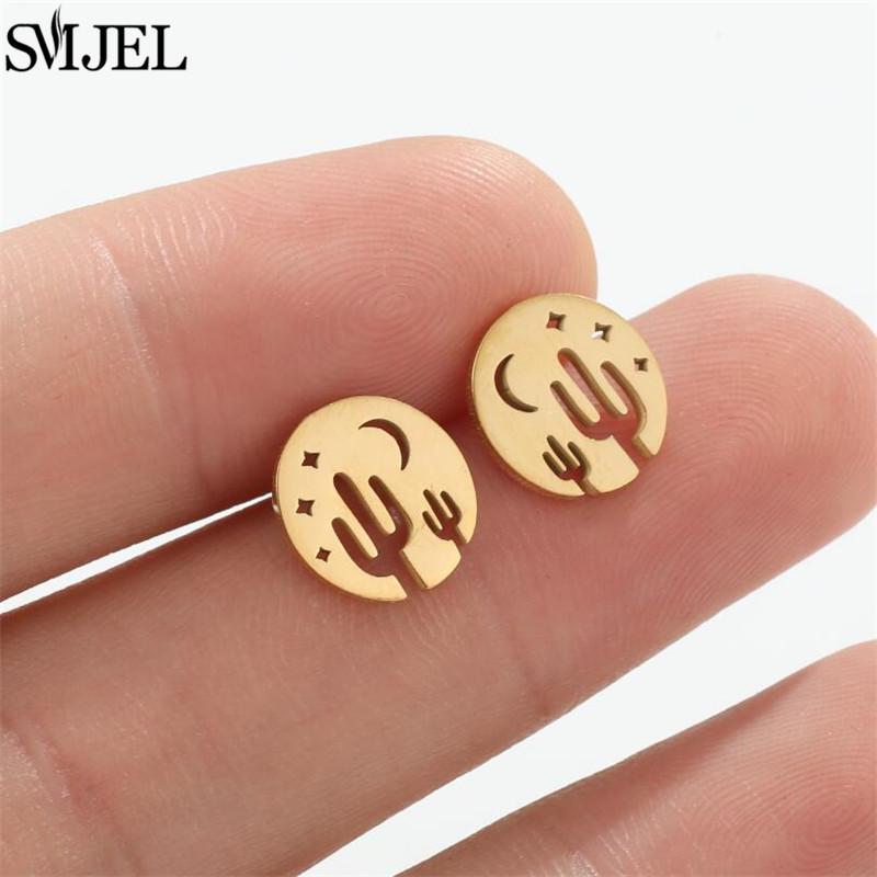 SMJEL Gold Stainless Steel Earrings Geometric Women Cute Leaf Star Footprints Mandala Cactus Earings Jewelry Small Studs Gift