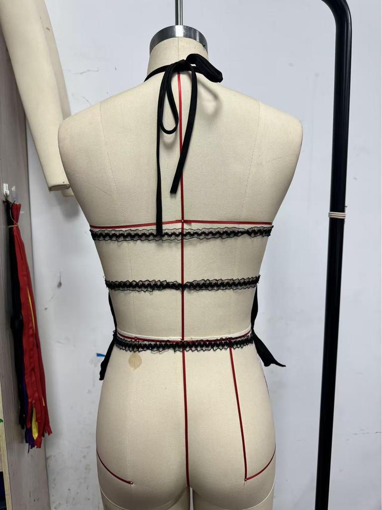 2026 Summer Solid Color Pleated Halter Neck Women's Open Back Lace-up Top