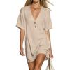 Women's Fashionable Loose-fitting Short-sleeved V-neck Cotton And Linen Summer Dress