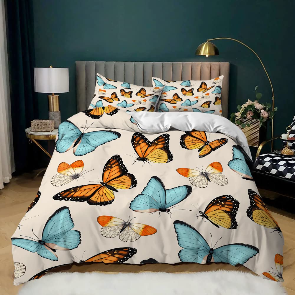 Bettbezug-Set mit Schmetterlingen, Kingsize, blau-lila Schmetterlinge, bedruckt, Bettbezug-Set für Mädchen und Kinder, Bettbezug und Kissenbezüge