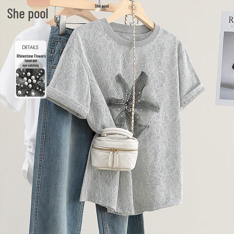 Tachi Women s Casual Lace Patchwork Round Neck Short Sleeve T-Shirt