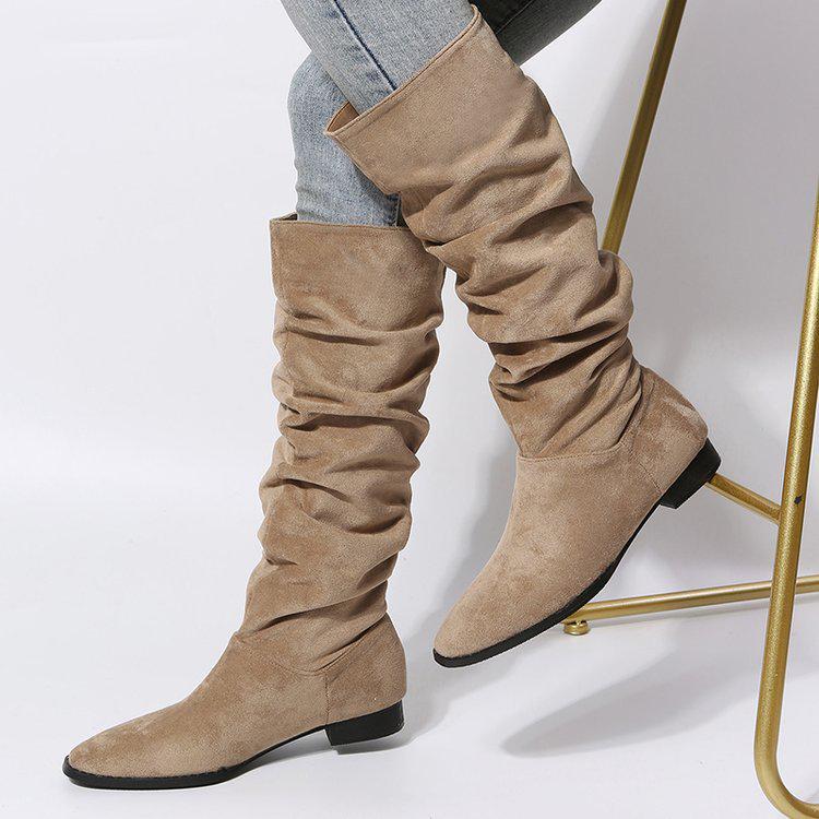 2022 Women's European & American Over-the-Knee Chunky Heel Velvet Boots with Pleated Stacked Sleeves