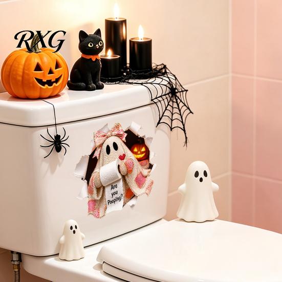 Creative Halloween Wall Murals Bathroom Sticker, Cute Ghost Witch Cat Toilet Decal, Spooky Pattern Decor Skeleton Are You Pooping Sticker for Humorous