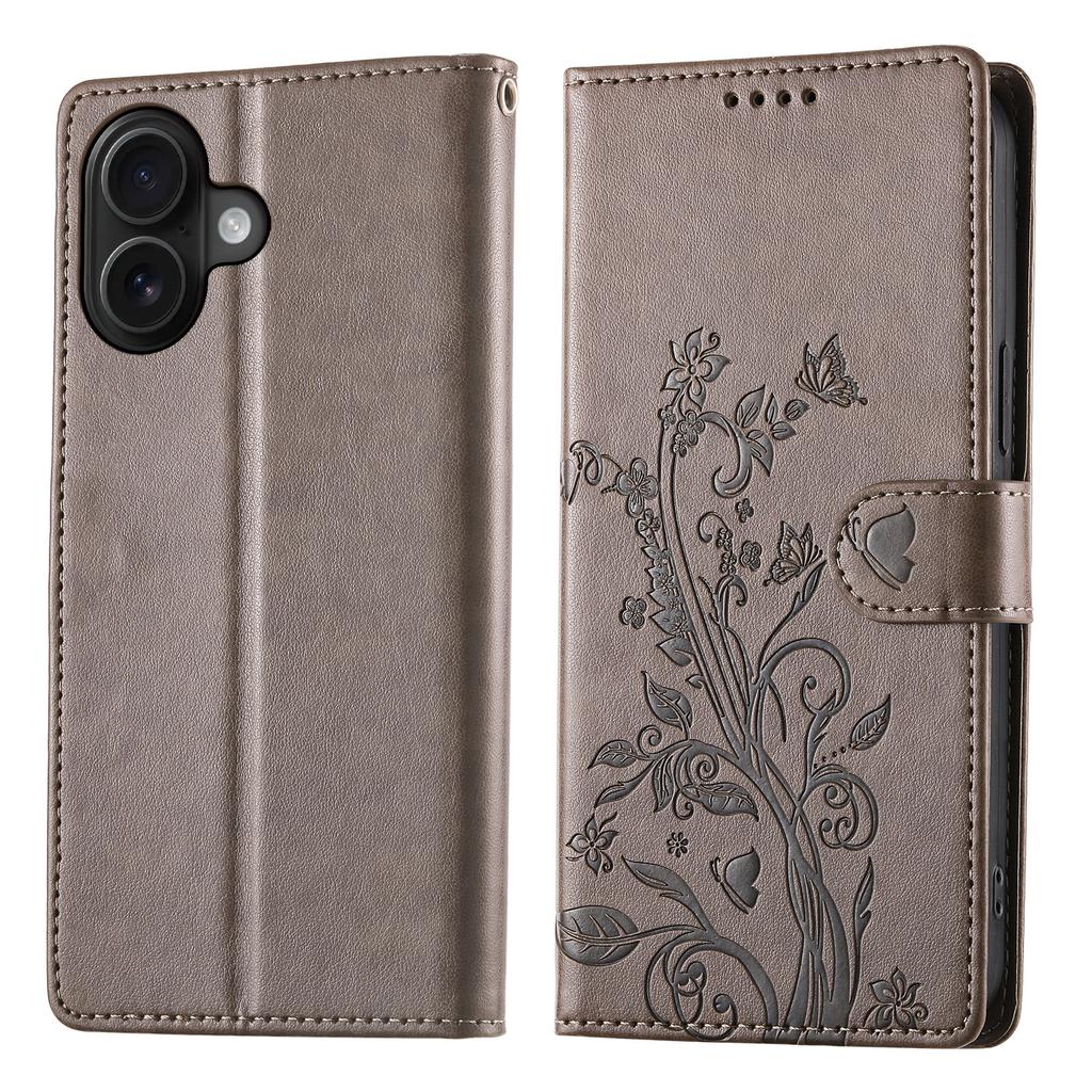 For iPhone 16 Wallet Case Butterfly Floral Imprint PU Leather Phone Cover with Wrist Strap