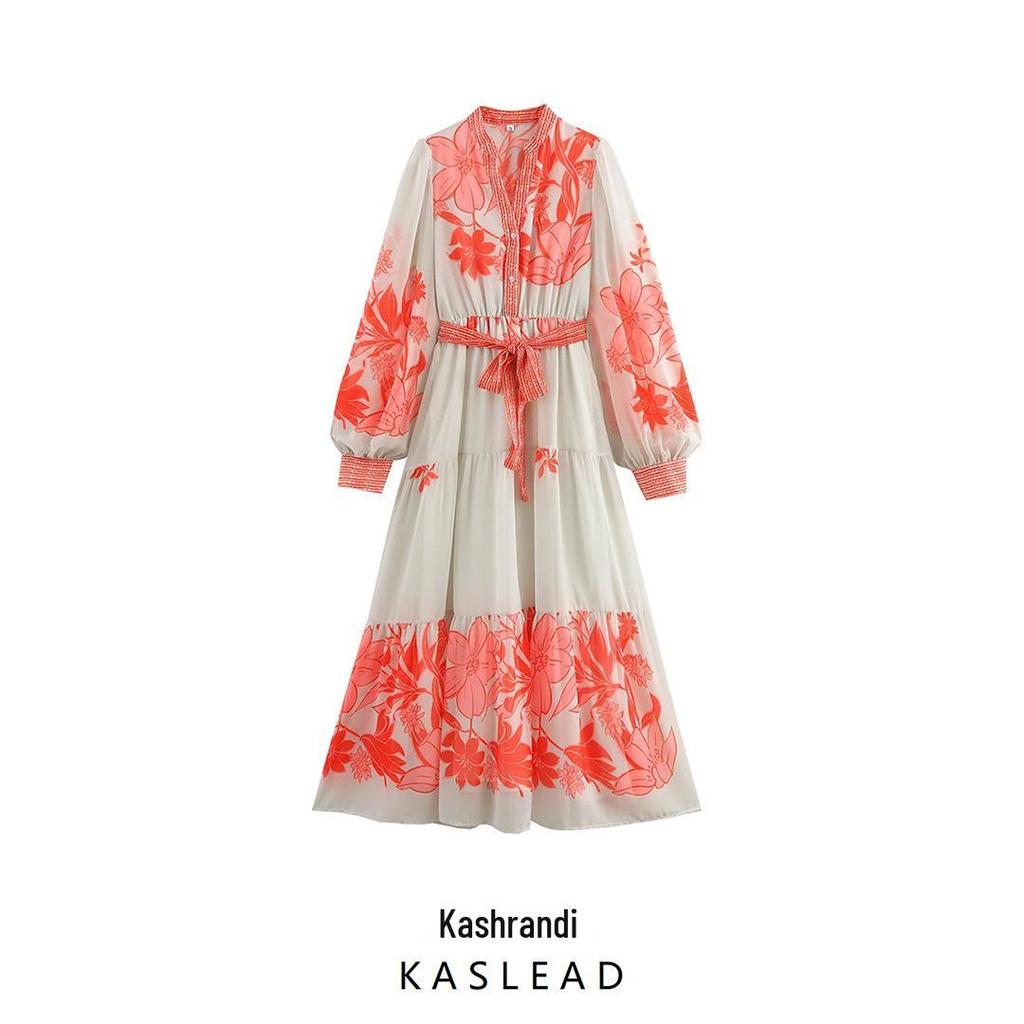 Spring 2025 Women's European & American Style V-Neck Tie Waist Printed Dress