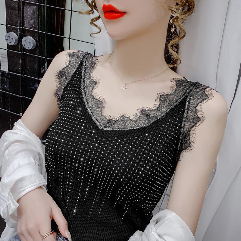 Women Spring Summer Curly Beads Lace V Neck Knit Camisole Sleeveless Diamond Outer Wear Tank Tops
