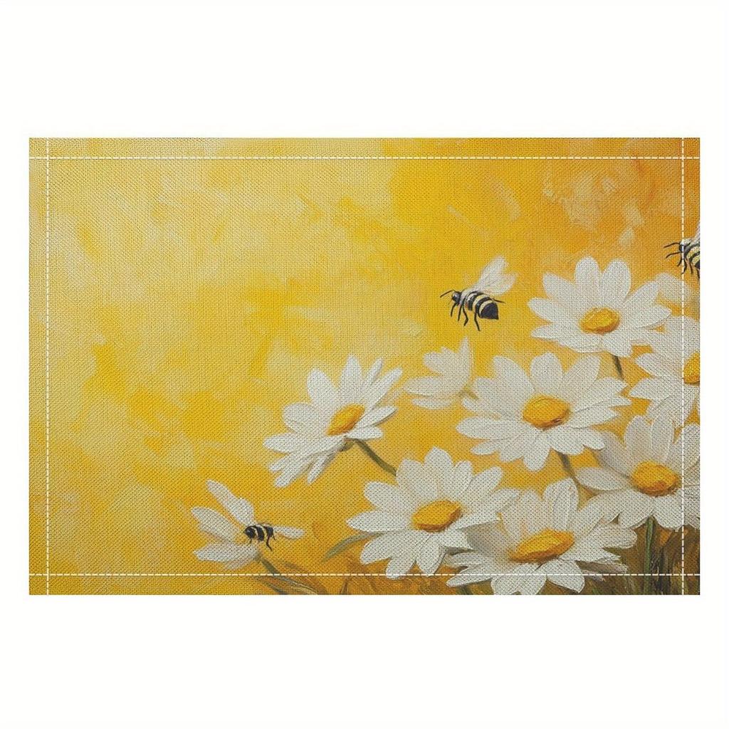 4pcs Linen Placemat Set, Bee Dance Floral Fabric Table Mats, Suitable for Kitchen and Restaurant Decoration, Family Gathering Dinner Table Decoration,