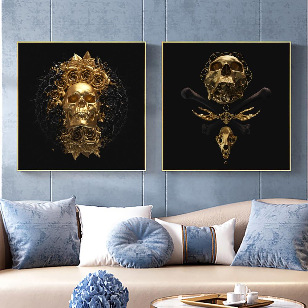 

Золотой череп с черным цветком холст настенная живопись плакат и принты абстрактный тотем художественная картина для гостиной украшения дома