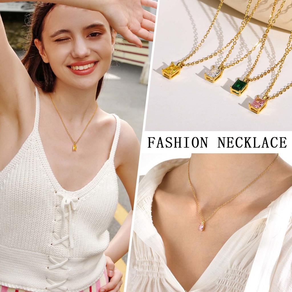 Chic Rectangular Shape CZ Stone Pendant For Women, Trendy Stainless Steel 4 Colors Cubic Zirconia Pendant Charm Chains Necklace