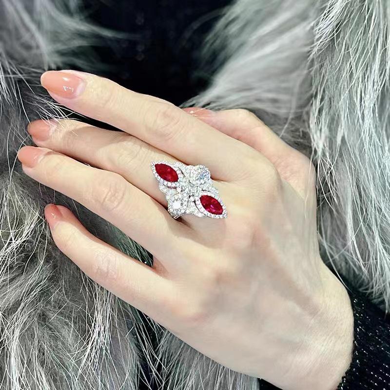 Women's High-End Ruby Gemstone Ring: Cool, Versatile Style with Full Diamond Accents
