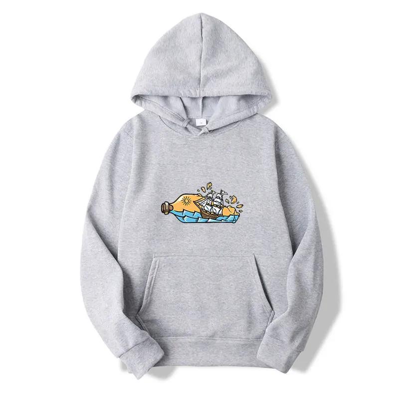 View of the Ship In Bottle Print Hoodies for Teens Casual Couple Hip Hop Streetwear Spring Long Sleeve Hoody Sweatshirts