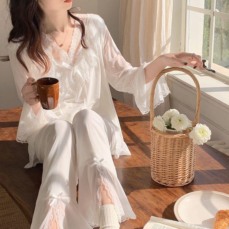 V-neck Summer Pajamas for Women Pajama Women Spring and Autumn Long Sleeve Modal Lace Mesh Sweet Princess Style Home Dress Set