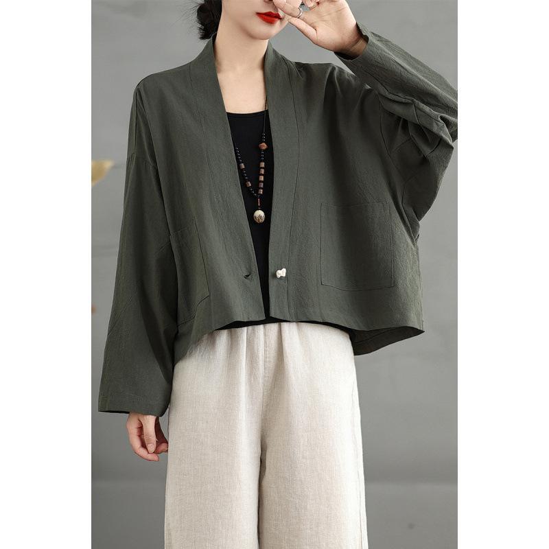 Damen S Locker Kurz Baumwoll-Leinen-Mischung Strickjacke Hemd