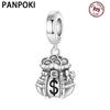 PANPOKI 925 Silver Retro Money Bag Beads Original Pendants Bracelet Charms Jewelry Party Beads DIY Trendy Gifts