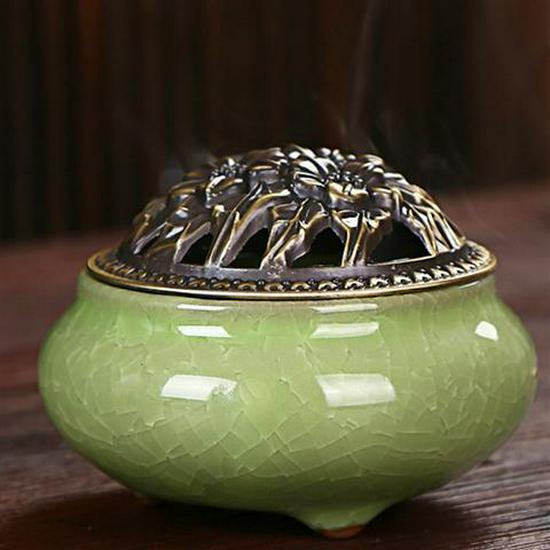 Colorful Crackle Glaze Ceramic Aromatherapy Burner with Bronze Cover for Household Incense and Mosquito Repellent