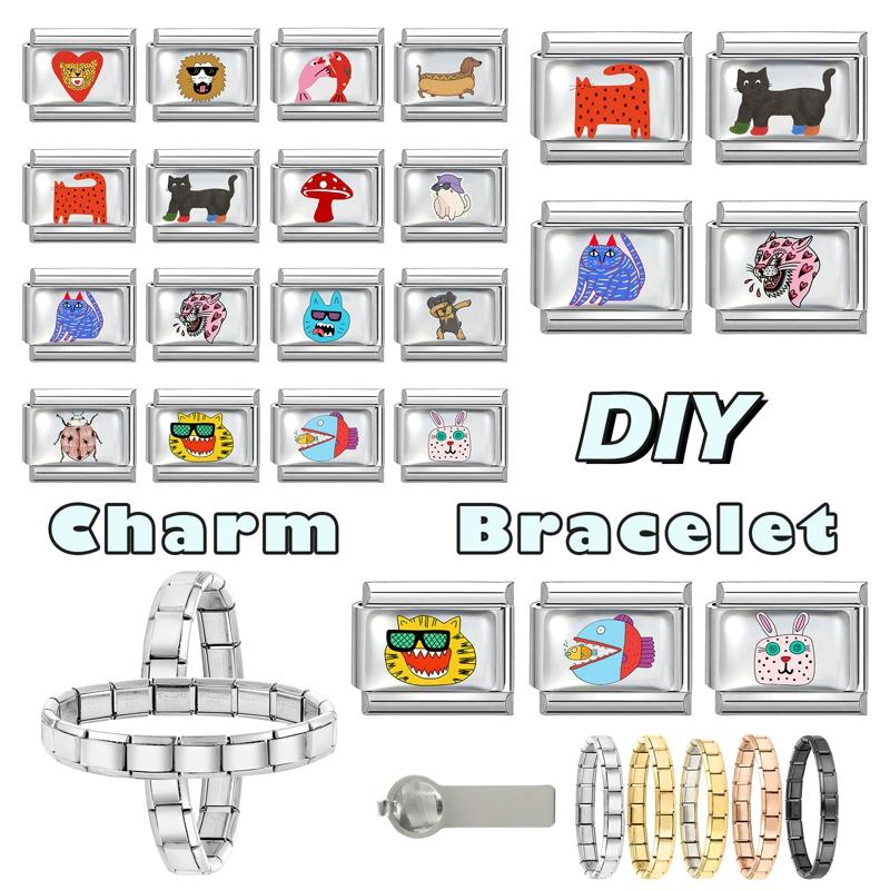 Creative Personalized DIY Cartoon Animals Series Charm Bracelet Lovely Fish Dog Cat Bead Fit 9mm Stainless Steel Bracelet Gift