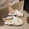 Damen Casual Ballerinas 2025 Sommer Neu Lace Weave Atmungsaktive Stroh-Slipper Outdoor Mode Schleife Bequeme Pantoletten Halbslipper