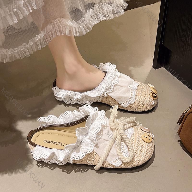 Fashion Women Casual Flats 2025 Summer New Lace Weave Breathable Straw Slippers Outdoor Fashion Bow-knot Comfortable Mules Half Slipper