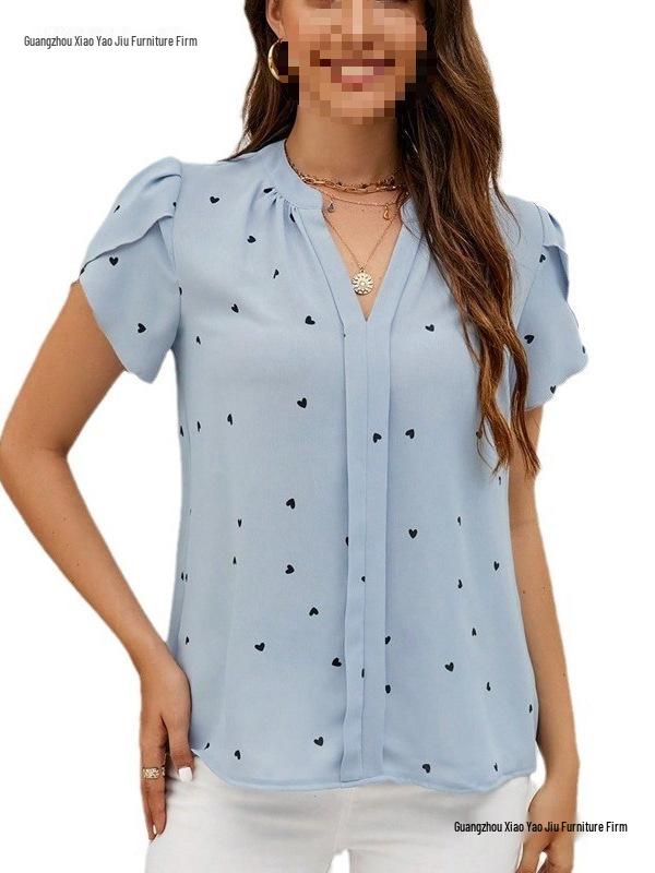 European American Women's V-Neck Heart-Shaped Sleeve Summer Top