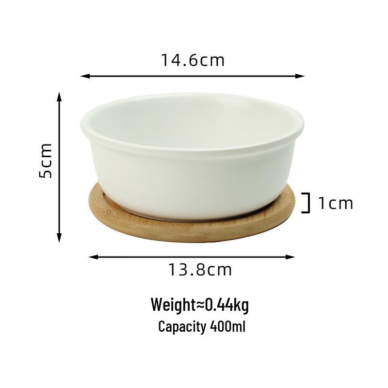Qinkai Cream Ceramic Bowls with Bamboo Trays, Set of 2