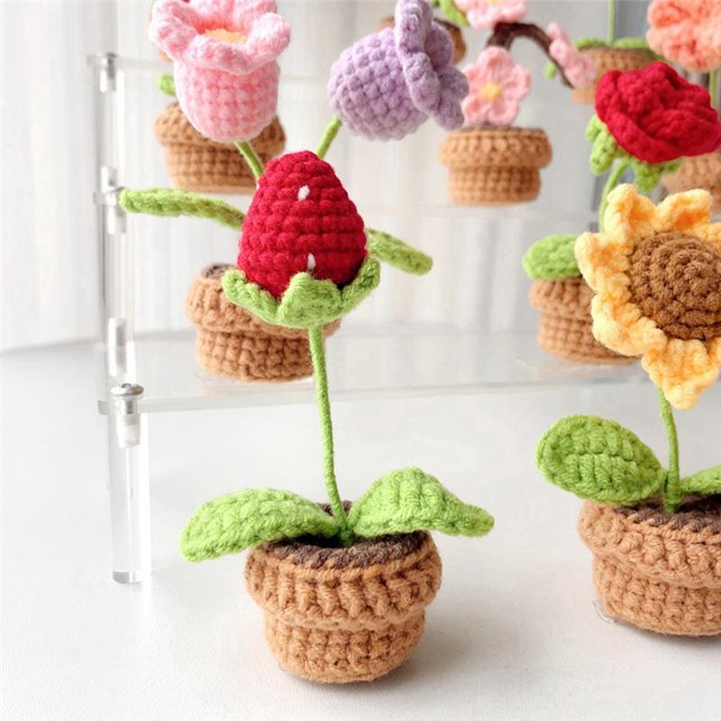 Practical-Flowers Potted Crochet Artificial Plants Finished Woven Gift Table Decoration 1 PCS D