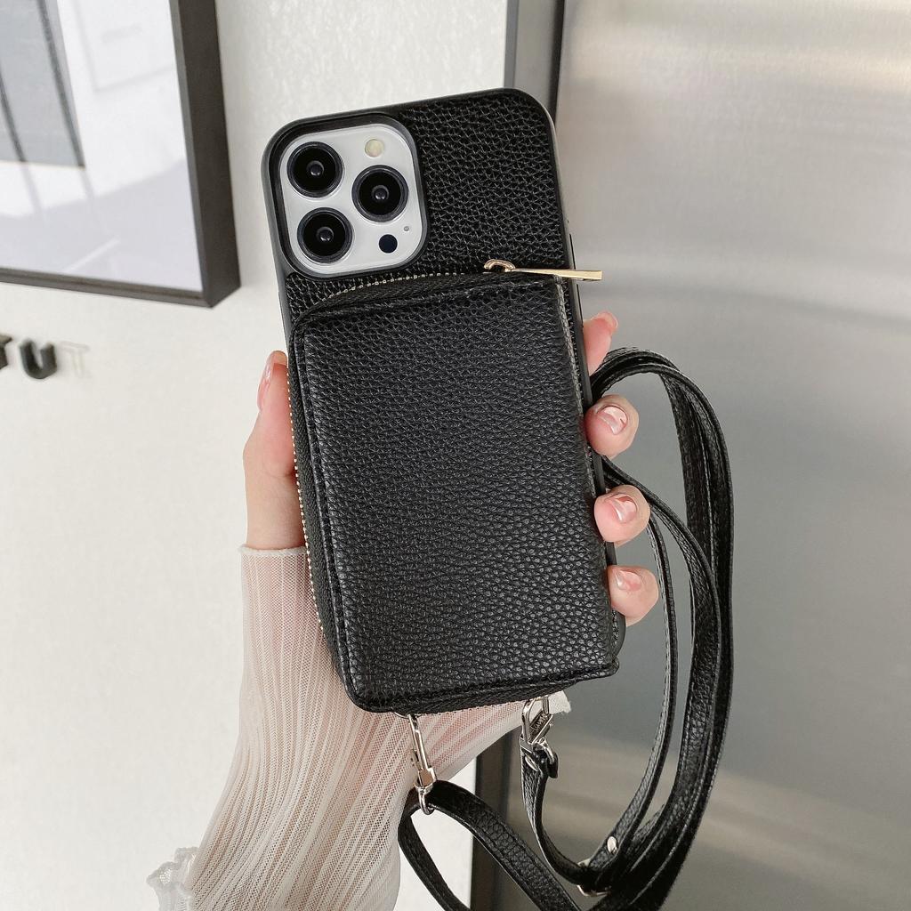 Reißverschluss-Geldbörse, Handyhülle für iPhone 15 14 13 12 Mini 11 Pro XS Max X Plus, Kartensteckplatzhalter, Crossbody-Lanyard, weiche Lederhülle