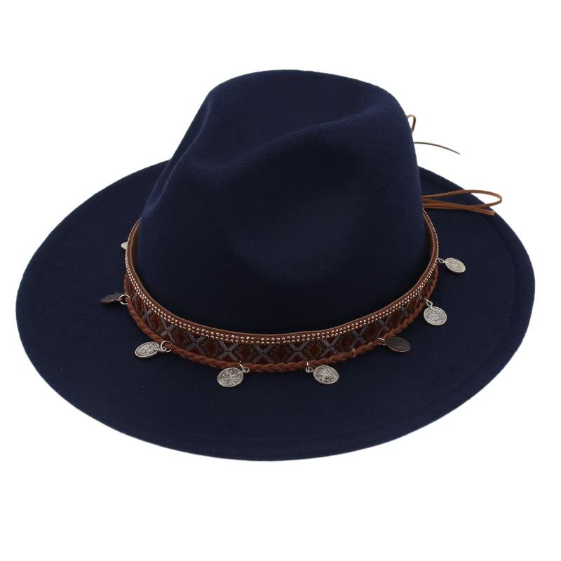 Ethnic Topper Hat Imitation Silver Accessories Felt Hat Jazz Hat Big Brim Stage Performance Hat