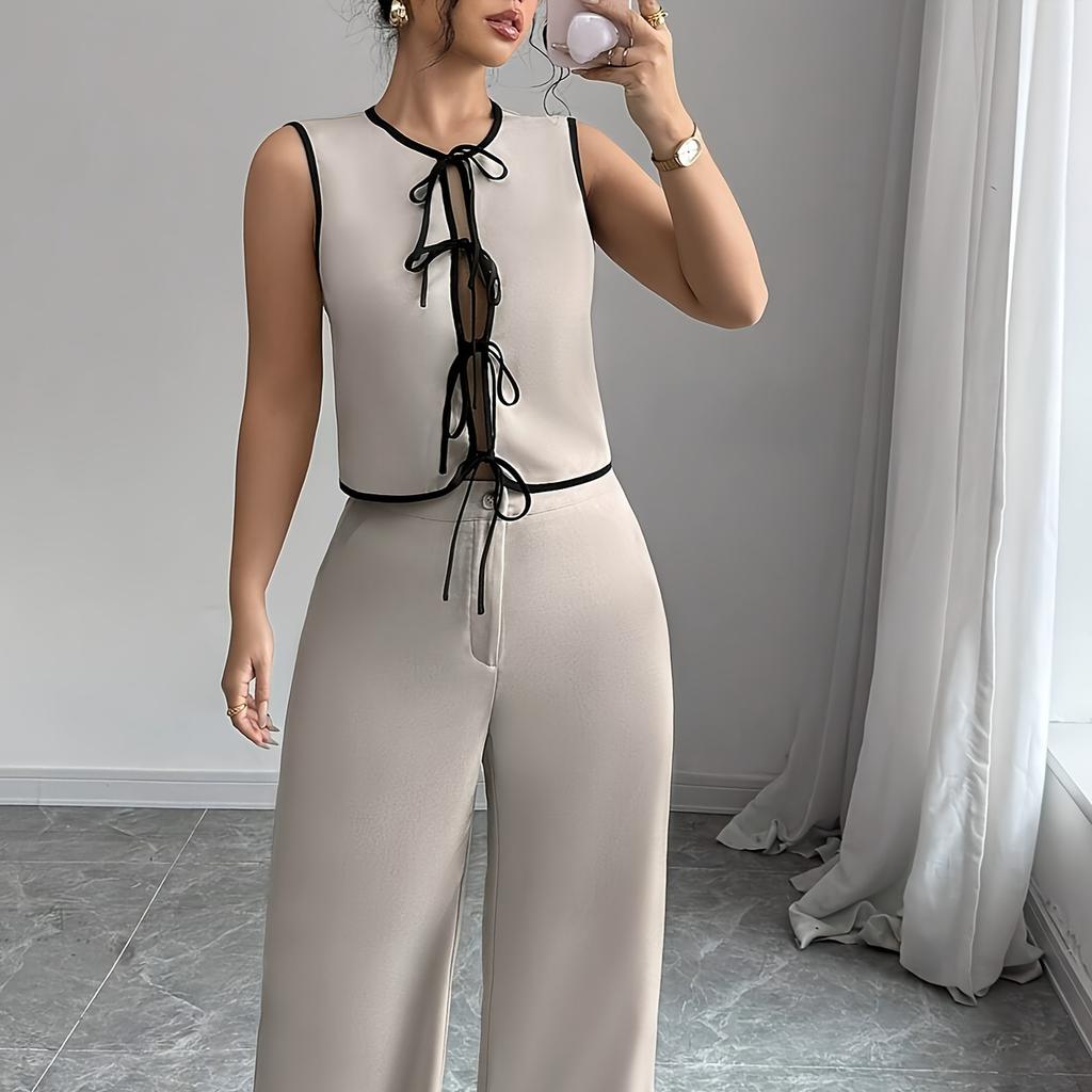 In stock, spring and summer new cross-border foreign trade European size women's contrasting color lace-up bow tie shirt beige wide-leg pants set