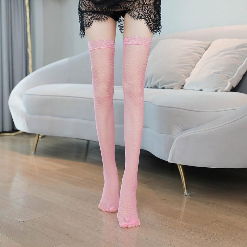 Women'S Sexy Fishnet Stockings Lace Trim Solid Color Thigh High Socks Japanese Style Gothic Lolita Jk Mesh Over-The-Knee Socks