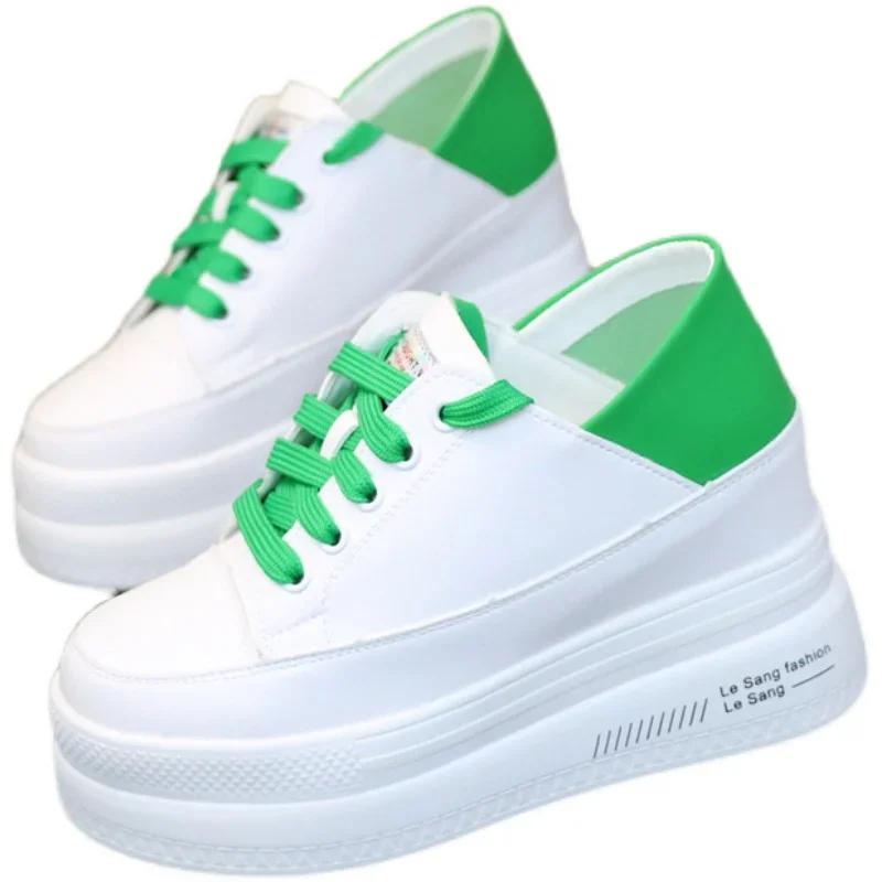 10CM Leather Microfiber Women Casual Shoes Platform Wedge Hidden Heel Summer Shoes Platform Chunky Sneakeers Fashion White