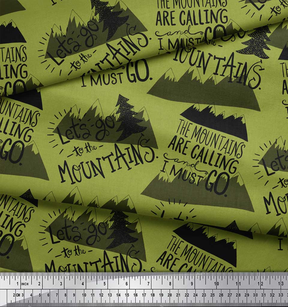 Soimoi Green Japan Crepe Satin Fabric Mountains & Text Printed Fabric 1 metre 42 Inch