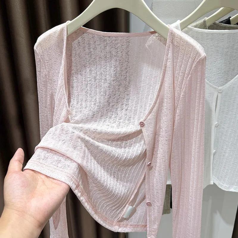 

Women Square Neck Wrinkled Thin Long Sleeve Short Sun Protection Cardigan S розовый