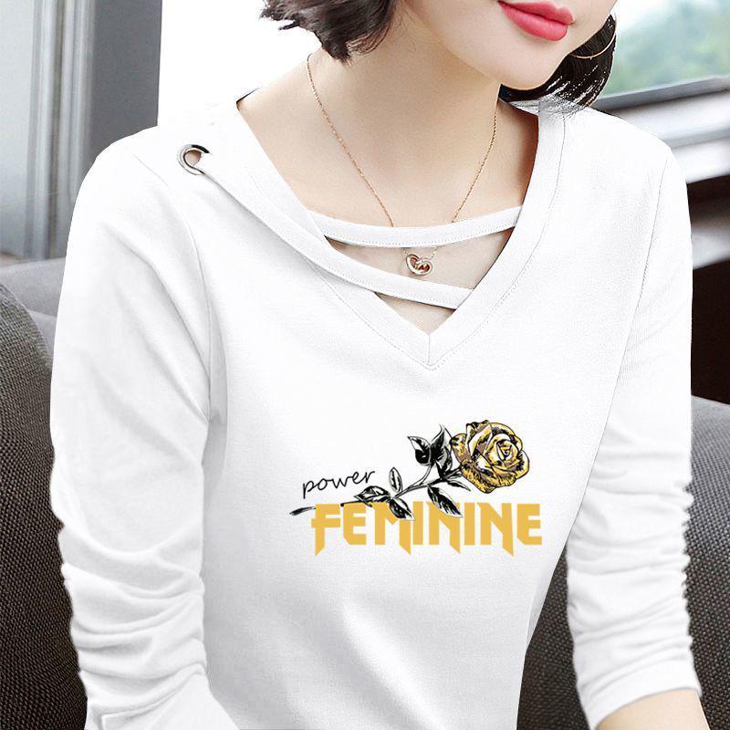 

100% Pure Cotton V-Neck Autumn Top 2025: Casual Versatile Women’s High-End Straight Shoulder Base Shirt M (suitable for 70-95 jin)