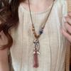 Ethnischer Stil Y-förmige Keramikfisch-Halskette für Frauen Holzseil Handgefertigte Perlen Quaste Anhänger Bohème-Stil Exquisites Accessoire