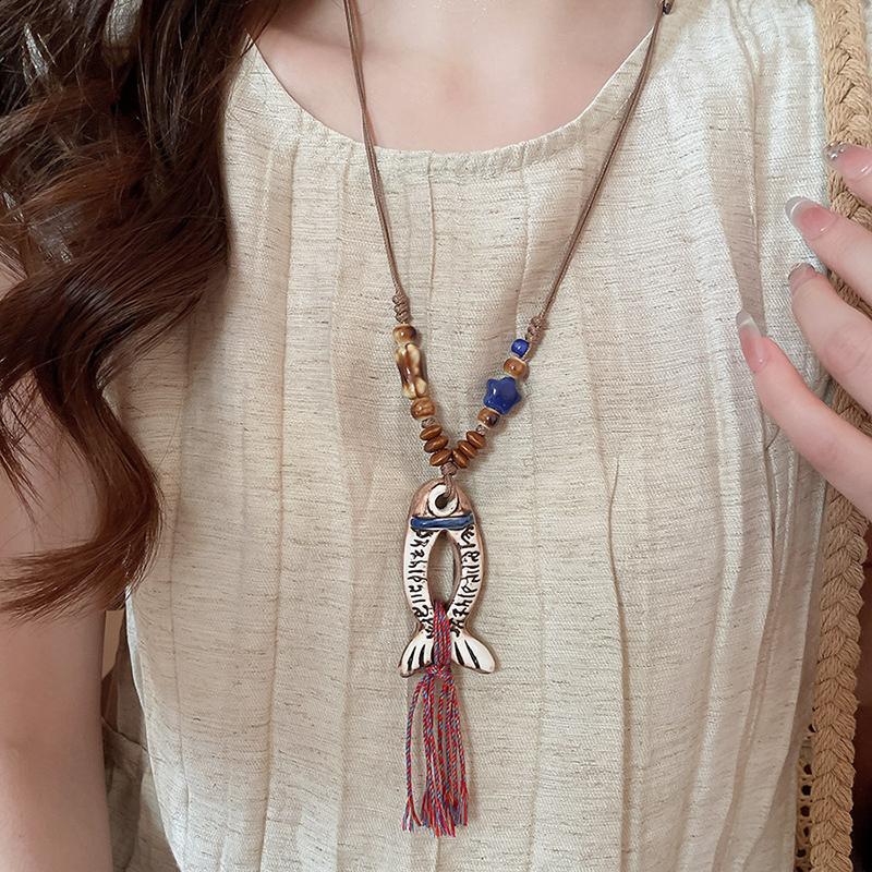 Ethnic Style Y-Shaped Ceramic Fish Necklace for Women Wooden Rope Handmade Bead Tassel Charm Bohemian Style Exquisite Accessory