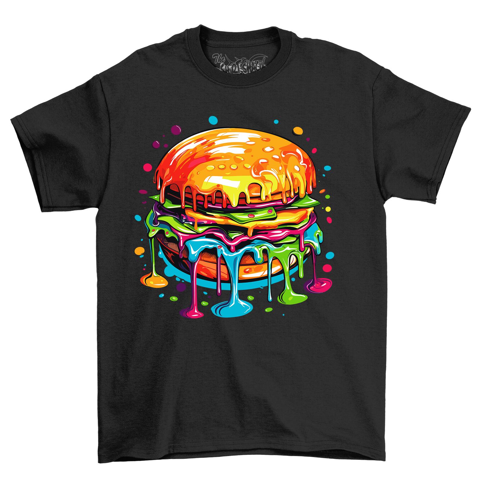 

Beef Burger Paint Drip Design T-Shirt Mens Womens Tees Top - Deliciously Funny! Unisex Printed Design XL