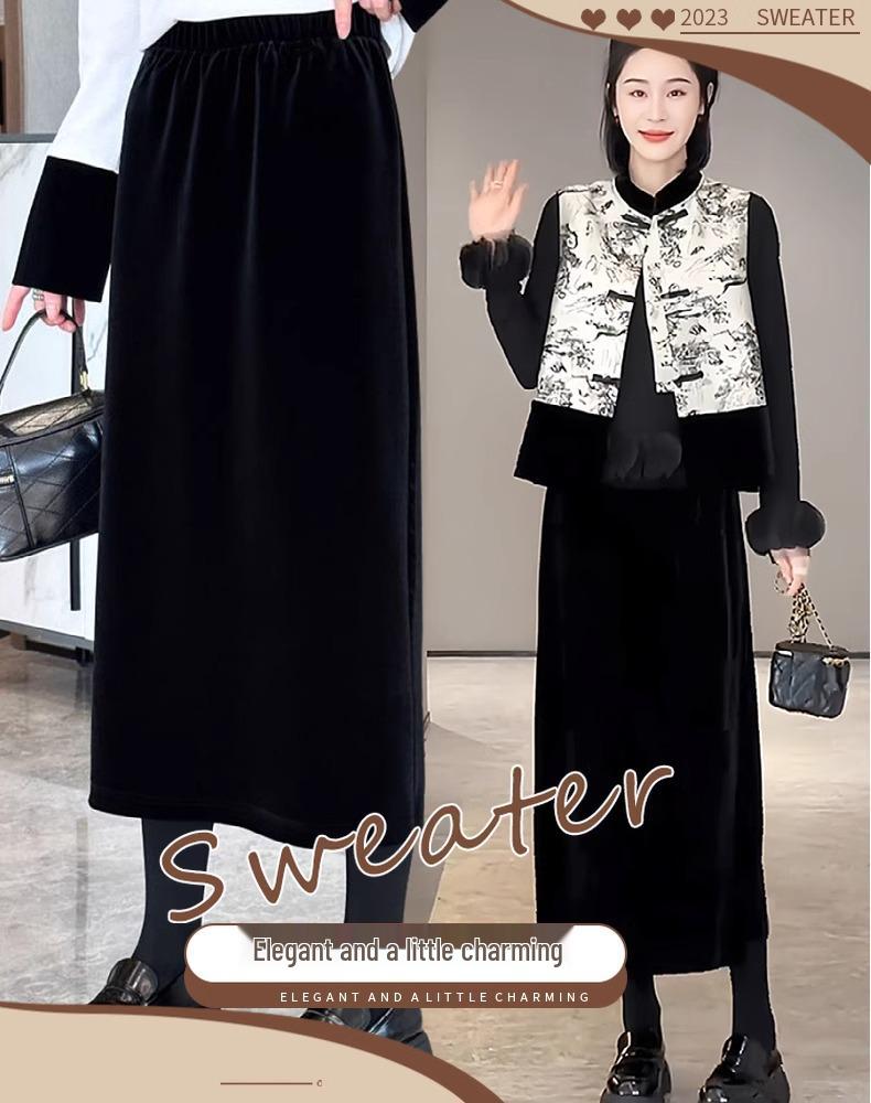 Women's Black Gold Velvet High Waist Slit Skirt - Elegant Mid-Length Tube for Spring/Autumn 2026