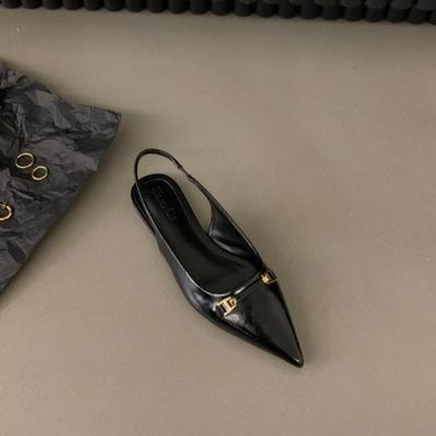 Black Women Leather Pu Casual Sandals Girl Rhinestone Slip On Flats Heels Ladies Pointed Toe Elegant Slingback Sandals