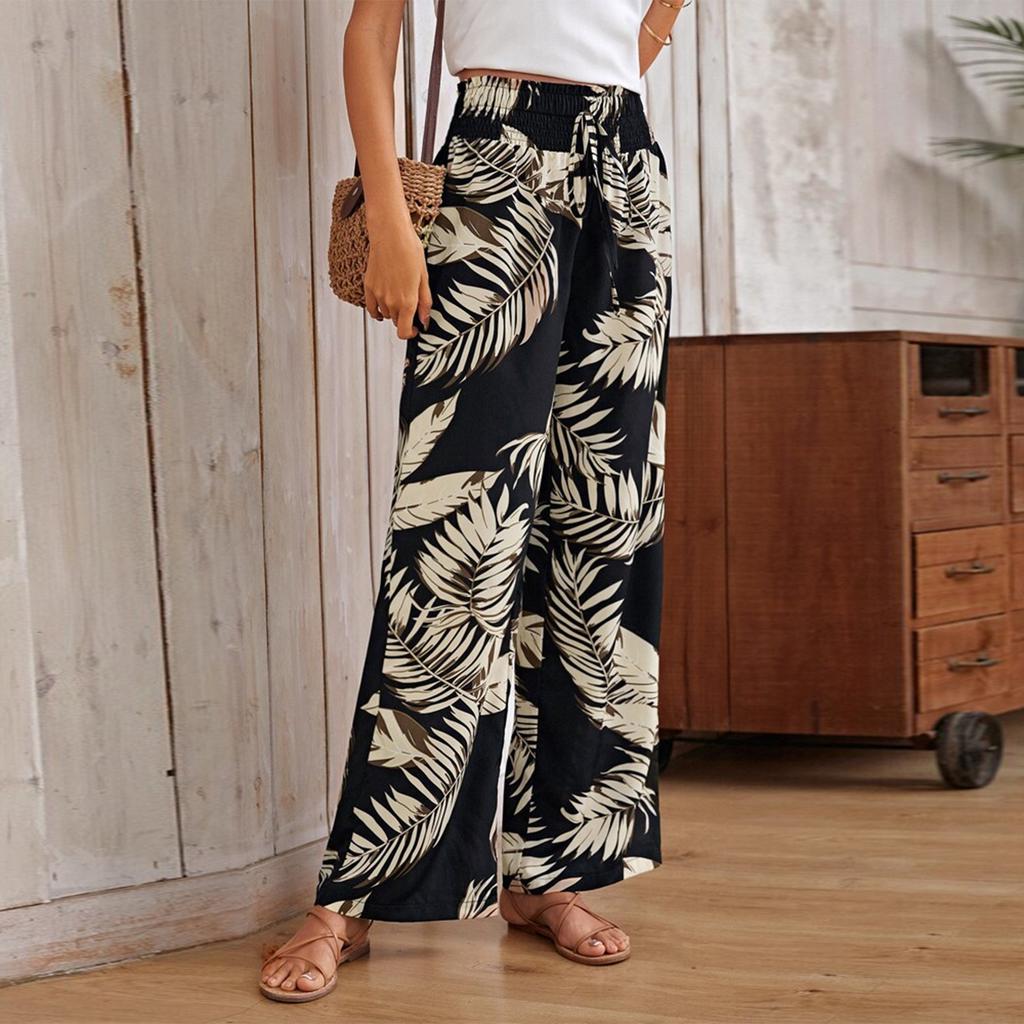 Women's Printed Wide Leg Pants With Pockets High Waist Drawstring Loose Casual Pants
