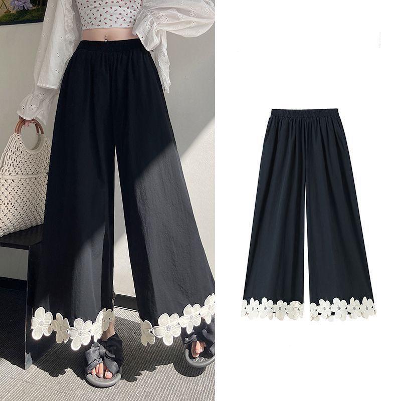 Flower Splicing Wide Leg Pants for Women Summer Loose High Waist Casual Straight Pants Female 2025