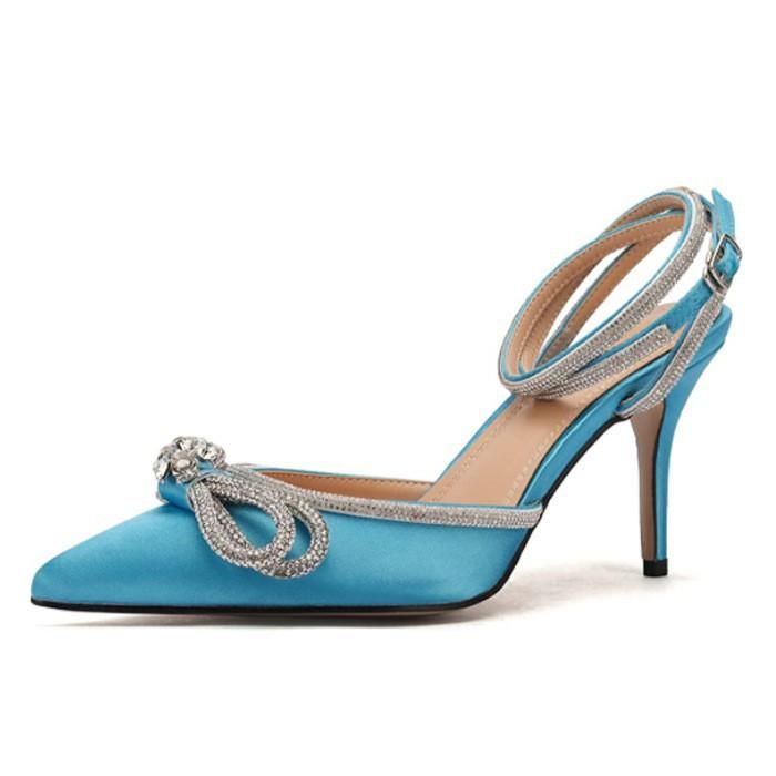 Pu Leather Vysoké podpatky Party Plesové Boty Třpytivé kamínky Dámské Lodičky Crystal Bowknot Saténové letní dámské boty