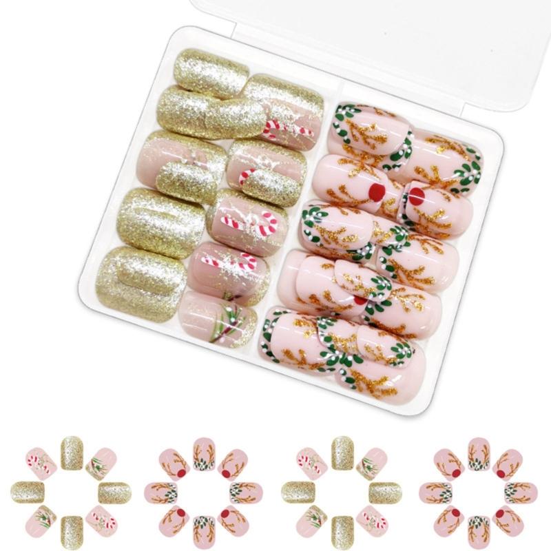 

48 Pcs Christmas Artificial Nail Short Square False Nail Candy Cane Full Cover Stick on Nail Elk Press On Nail 1