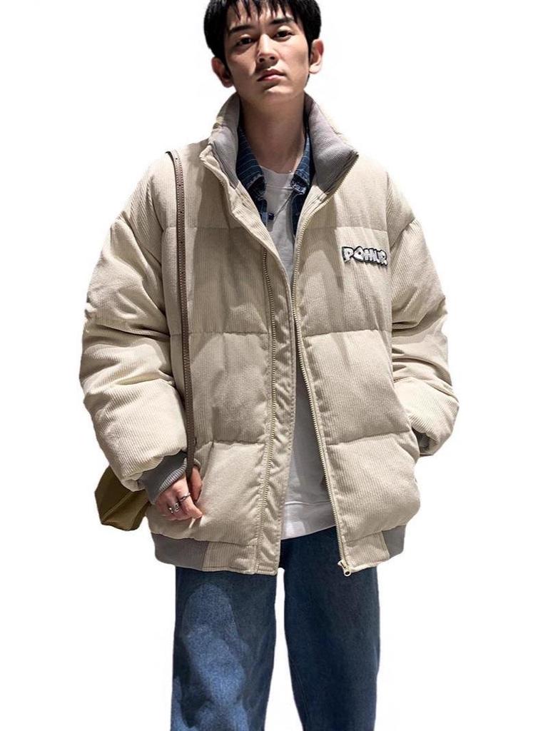 Men's Japanese Retro Corduroy Cotton Jacket - Thickened Stand Collar with Letter Patch for Autumn/Winter