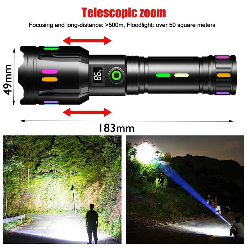 Super Bright White Laser Flashlight TYPE-C Rechargeable with Battery Display Torch Zoomable 5 Lighting Modes Outdoor Camping