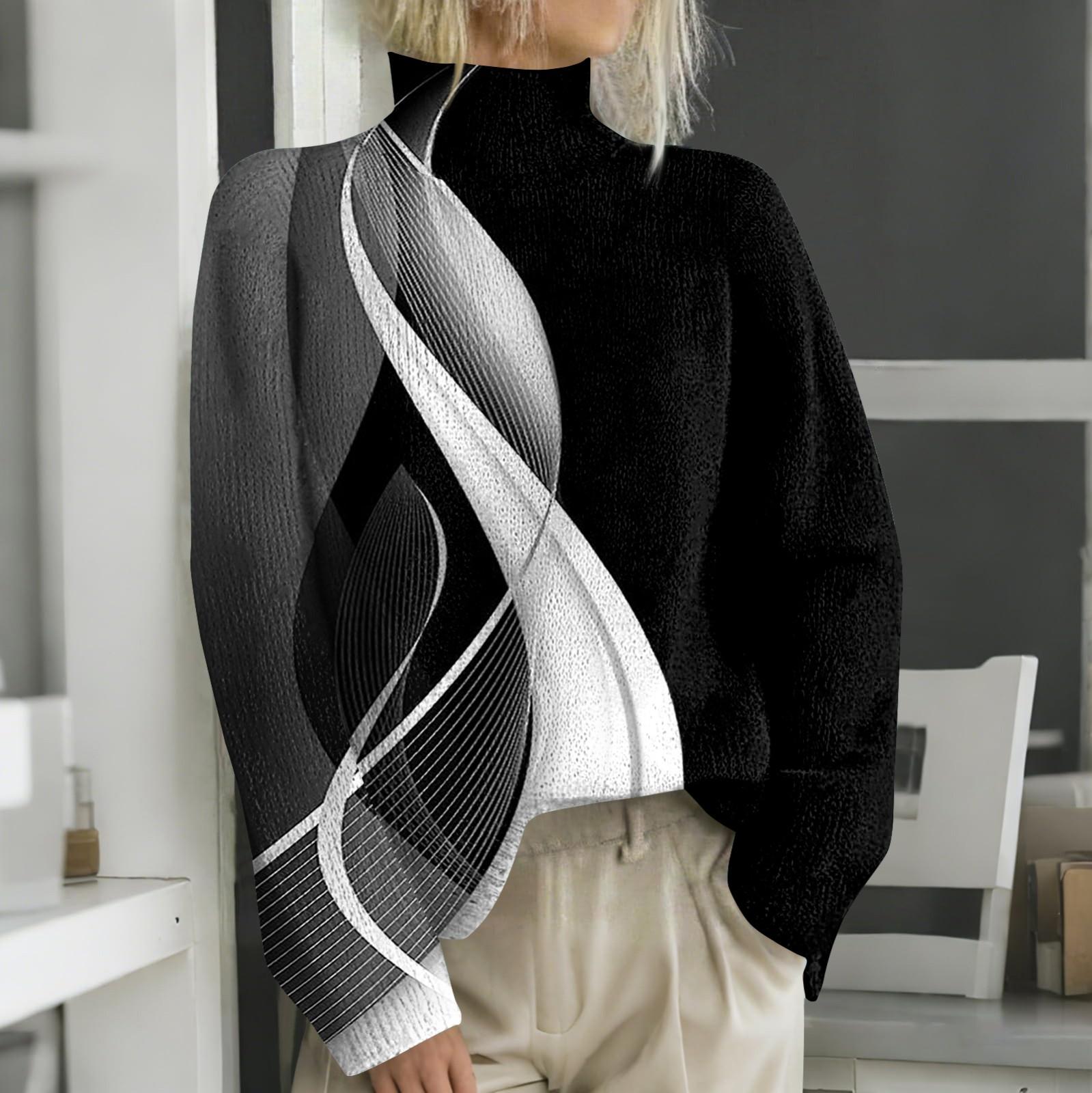 

Женская мода повседневная с длинным рукавом и принтом, с высоким воротом, шерстяной трикотаж L чёрный