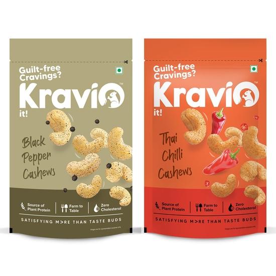Kravio Premium Thai Chilli & Black Pepper Roasted Cashew Nuts (2 X 200g) |Natural Jumbo Size Whole Kaju Nuts, Roasted Crunchy Delicious Healthy Snacks