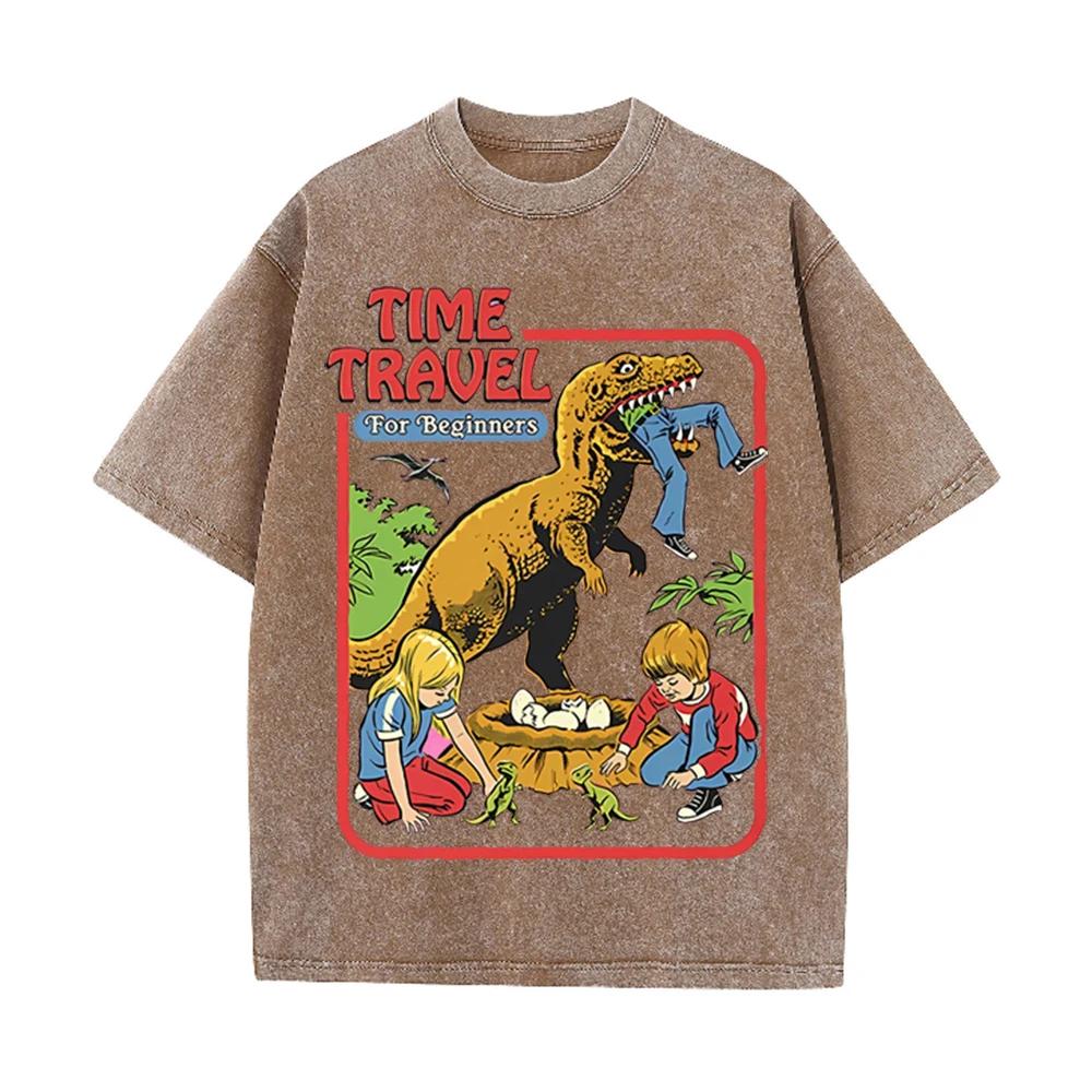 2026 Vintage Washed Beige Retro Dinosaur Kids Cartoon Graphic T Shirt Time Travel Animal Print Oversized Unisex Casual Short Sle