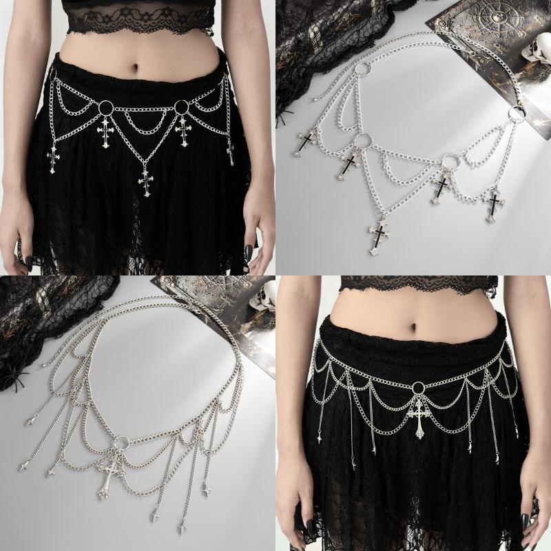Women'S Multi-Layer Cross Tassels Pendant Decoration Waist Chain Y2K Gothic Style Halloween  Body Chain Accessory Gift