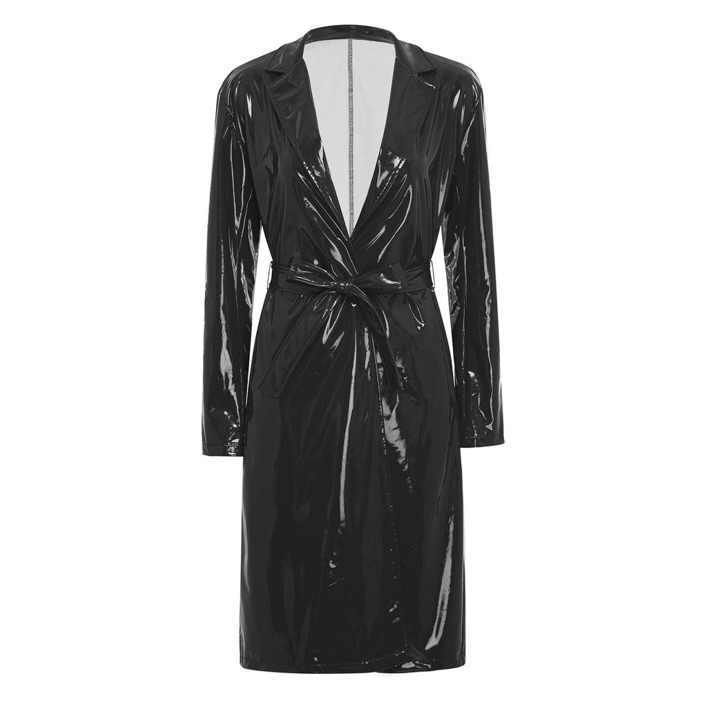 S-3XL Women‘s Long PU Leather Trench Coat: Glossy Lapel Blazer Style with Belt, Casual Open Front Jacket for Streetwear