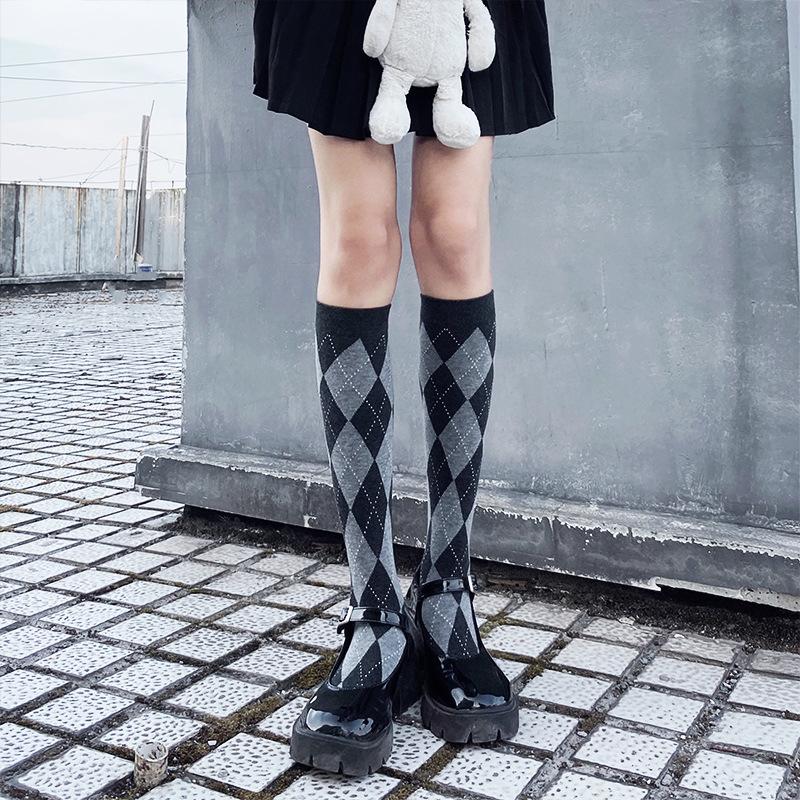 Rhombus Calf Socks Summer Mid Tube Thin Legs Retro Uniform Student Design Socks Trendy Female Harajuku Socks Girls
